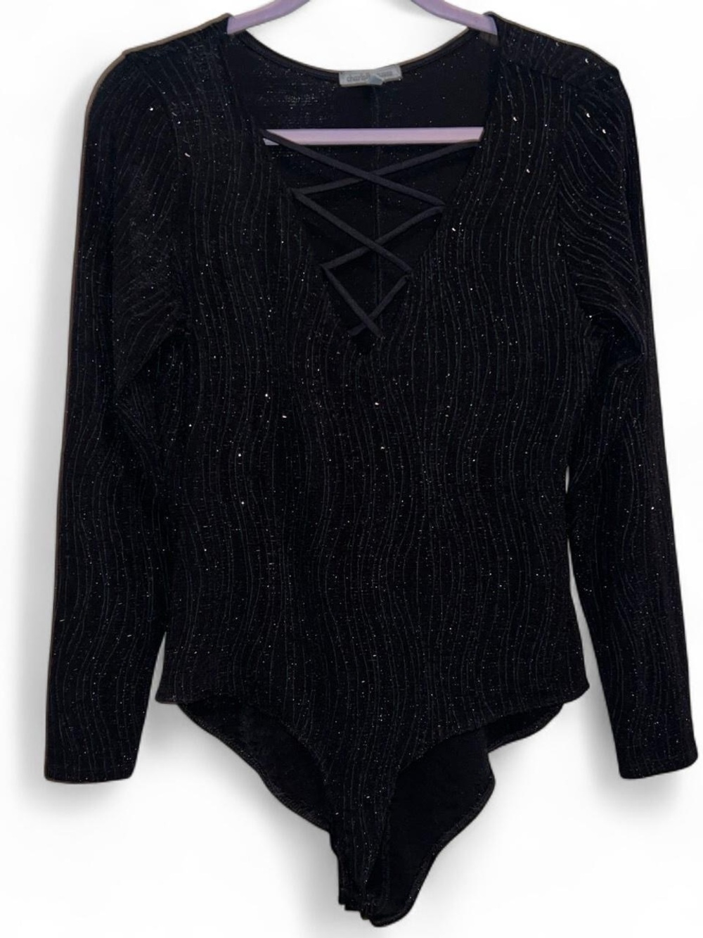 Charlotte Russe Black Sparkle Lace-Up Long Sleeve Bodysuit